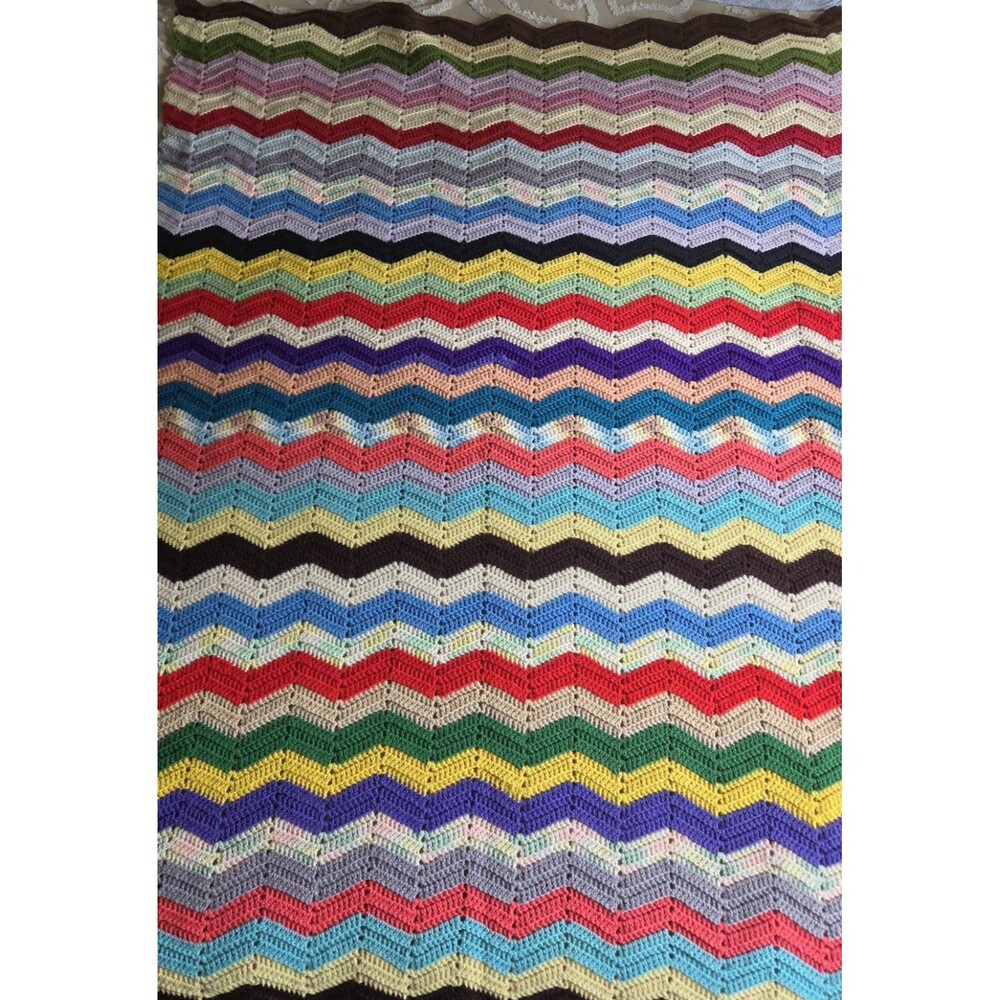 Vintage Crochet Afghan Blanket Zig Zag Chevron Colors Grandma 61 x 44 Handmade